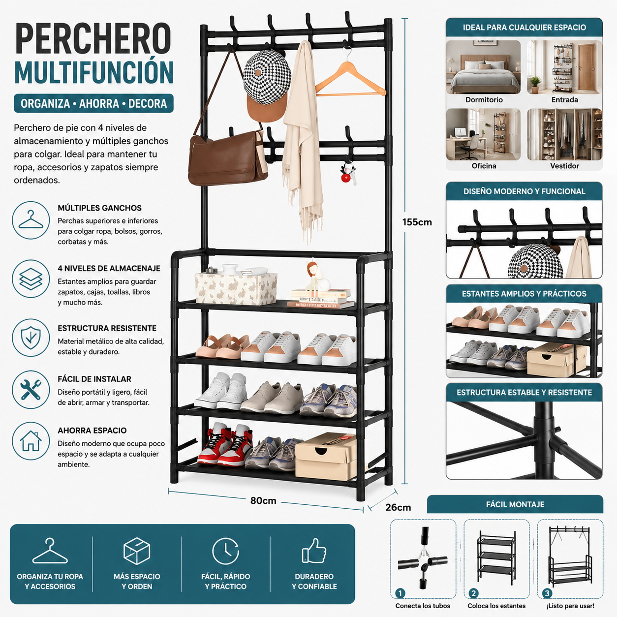 Perchero y Zapatatero 3 en 1 - 4 Niveles Multifuncional (Envio Gratis Paga En Casa)